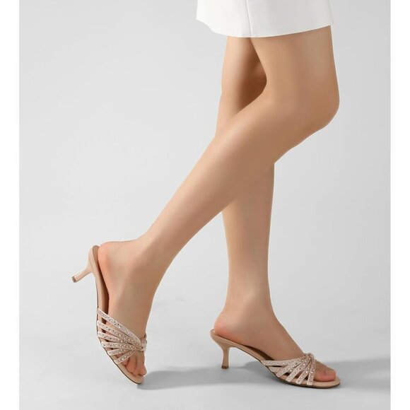 Mepaouo Women Nude White Heels for Women Strappy Low Kitten Heels Open Toe Dress Sandals
